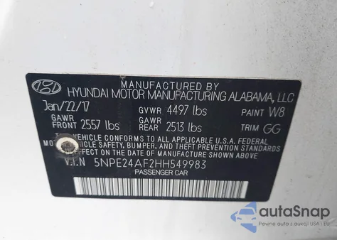 2017 Hyundai Sonata Se из США, поврежденный, VIN 5NPE24AF2HH549983